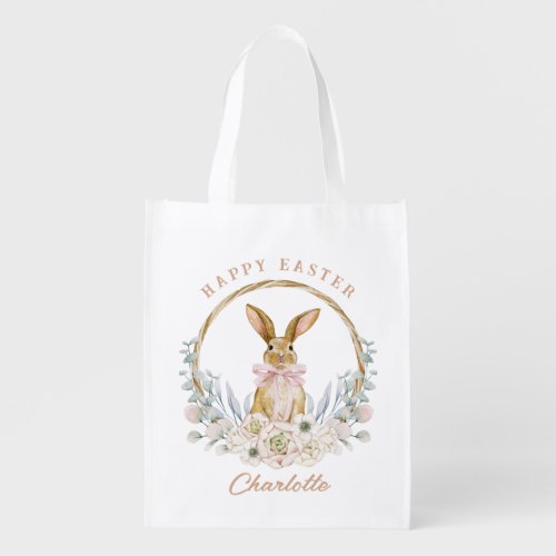 Watercolor Bunny Floral Easter Wreath Egg Hunt Grocery Bag