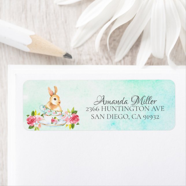 Watercolor Bunny Floral Tea Baby Shower Label (Insitu)