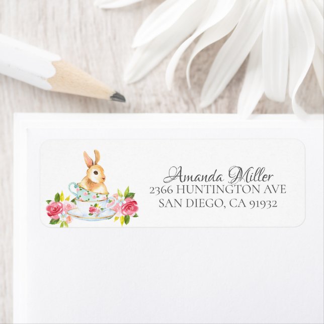 Watercolor Bunny Floral Tea Baby Shower Label (Insitu)