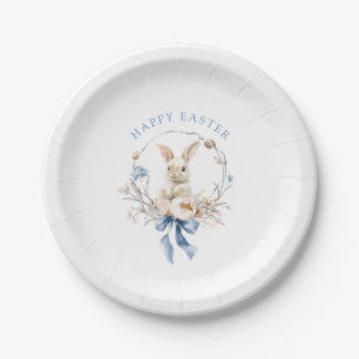 Watercolor Bunny Flowers Blue Bow Spring Easter Paper Plates