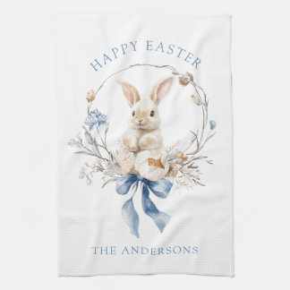 Watercolor Bunny Flowers Blue Bow Spring Kitchen Towel