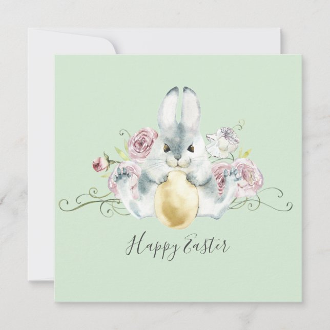 Watercolor Bunny & Flowers Easter Card (Front)