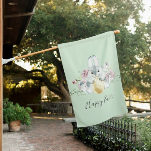 Watercolor Bunny  Flowers Easter House Flag