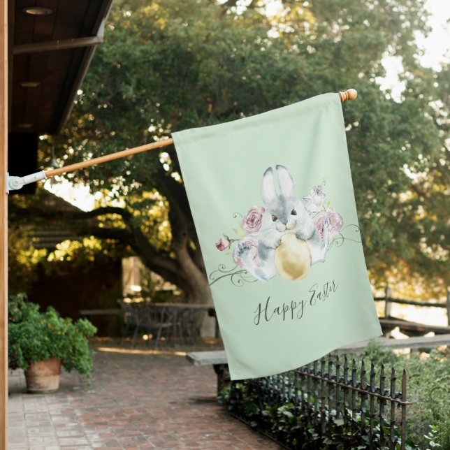 Watercolor Bunny & Flowers Easter House Flag (In SItu)