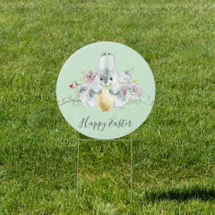 Watercolor Bunny & Flowers Easter Sign