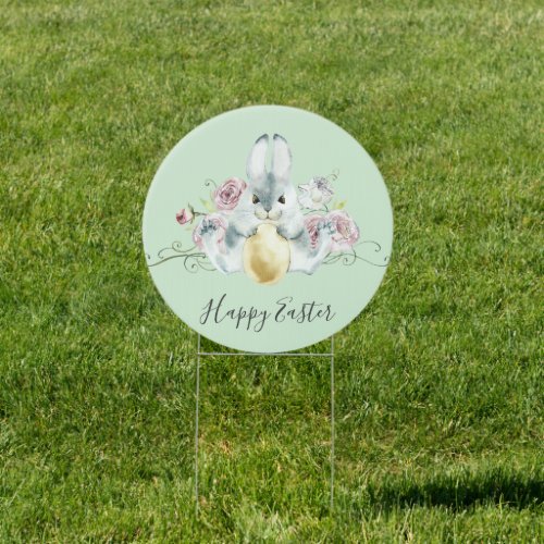 Watercolor Bunny  Flowers Easter Sign