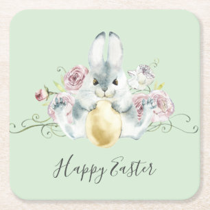 Watercolor Bunny & Flowers Easter Square Paper Coaster