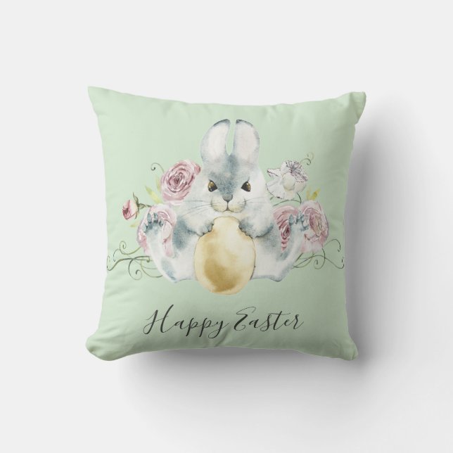 Watercolor Bunny & Flowers Easter Throw Pillow (Front)