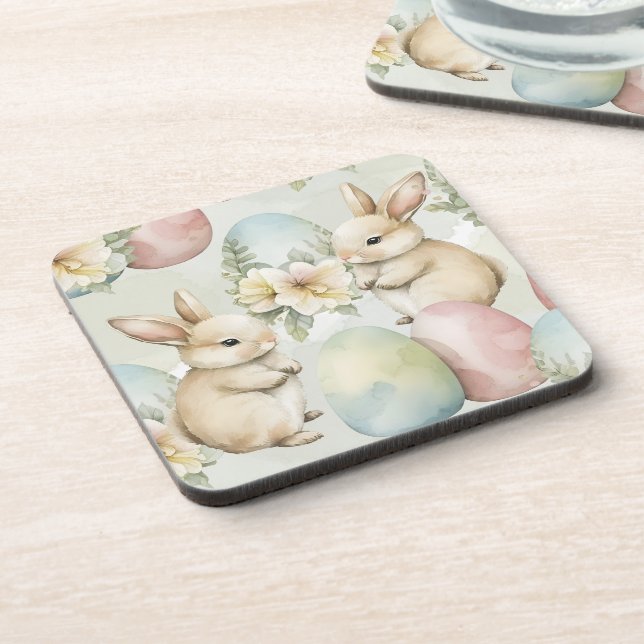 Watercolor Bunny Garden Beverage Coaster (Left Side)