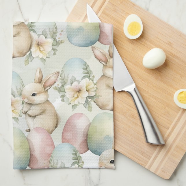 Watercolor Bunny Garden Kitchen Towel (Quarter Fold)