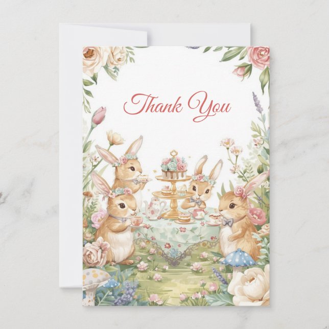 Watercolor Bunny Garden Tea Party Thank You Card (Front)