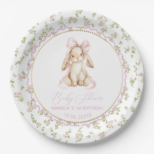  Watercolor  bunny girl vintage floral 1st birthda Paper Plates