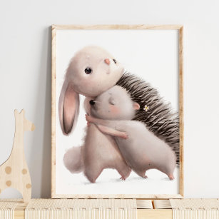 Watercolor Bunny Hedgehog Hugs   Bunny Wall Print 