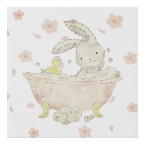Watercolor Bunny in a Bubble Bath Faux Canvas