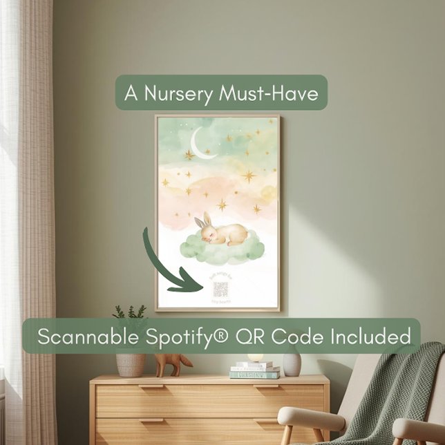 Watercolor Bunny & Moon Canvas | Mint Peach Pastel (Scan this sleepy bunny canvas to play music! A unique, interactive keepsake for new parents.)