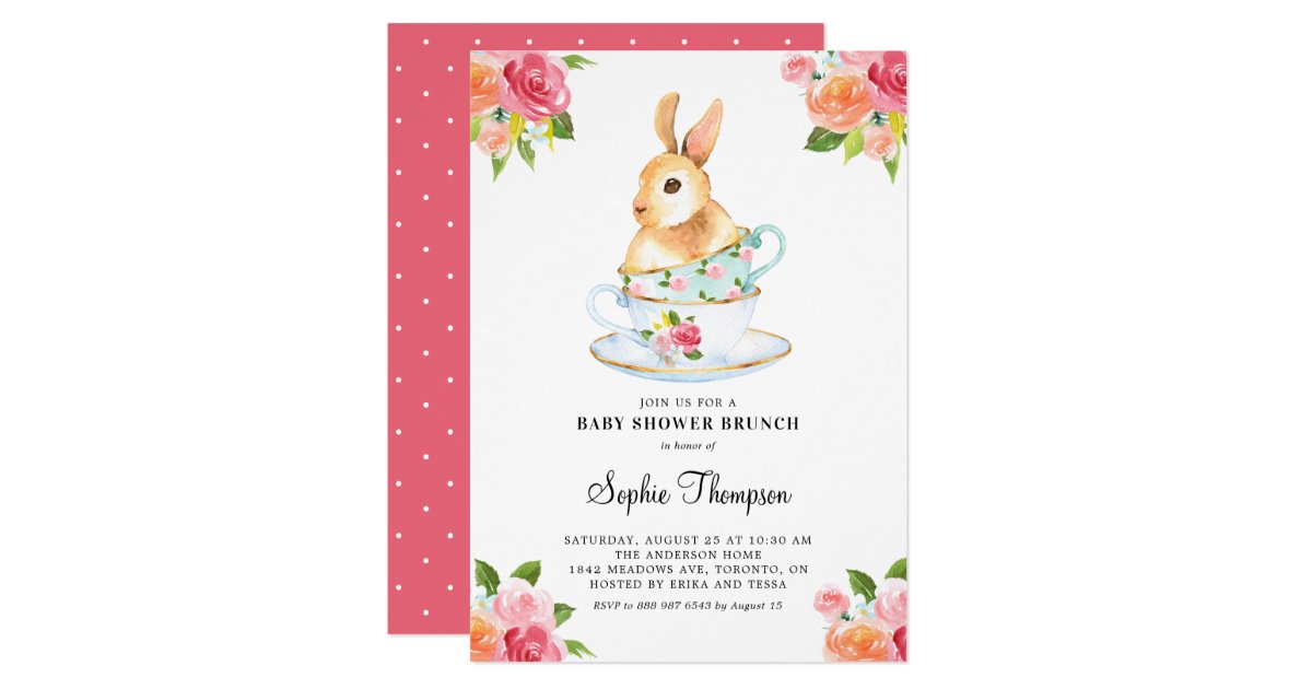 Watercolor Bunny On Teacups Baby Shower Brunch Invitation