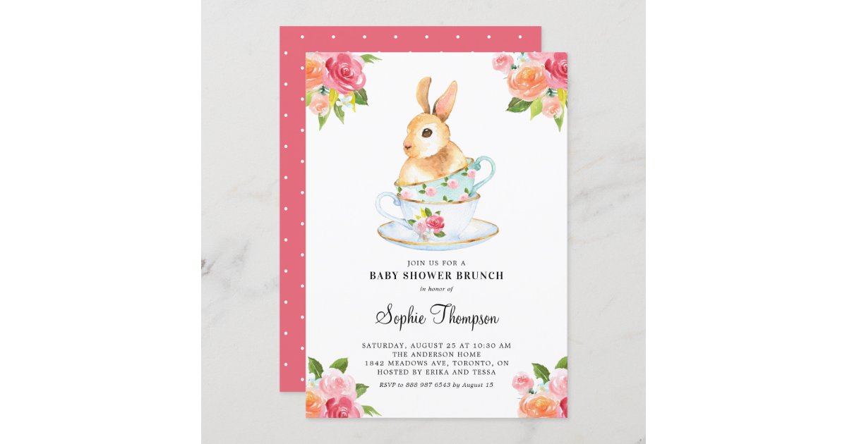 Watercolor Bunny on Teacups Baby Shower Brunch Invitation | Zazzle