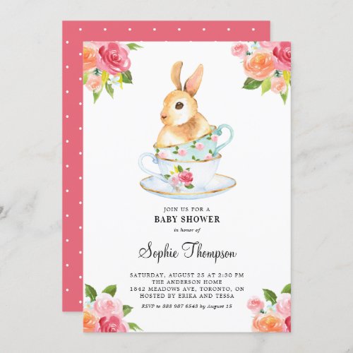 Watercolor Bunny on Teacups Floral Baby Shower Invitation