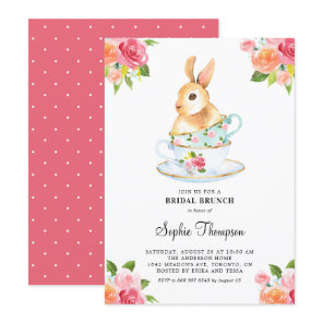 Watercolor Bunny on Teacups Floral Bridal Brunch Invitation
