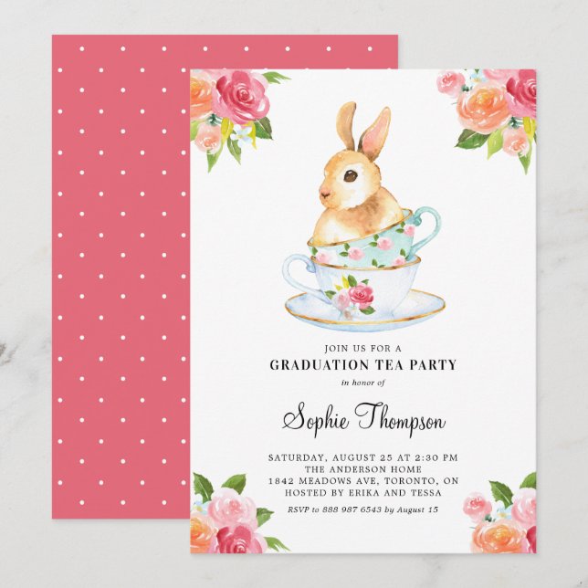 Watercolor Bunny on Teacups Floral Graduation Invitation (Front/Back)