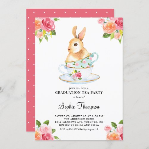 Watercolor Bunny on Teacups Floral Graduation Invitation