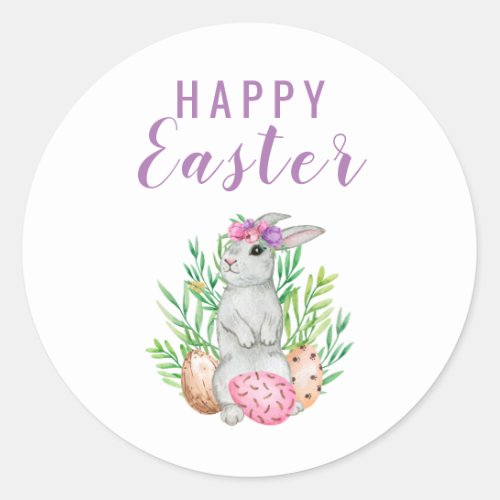 Watercolor Bunny Pink Floral  Happy Easter Classic Round Sticker