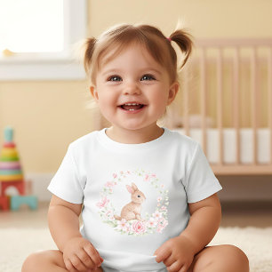 Watercolor Bunny Rabbit Floral Wreath Baby Bodysuit