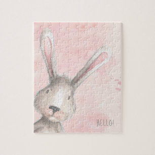 Watercolor Bunny Rabbit Hello custom Jigsaw Puzzle