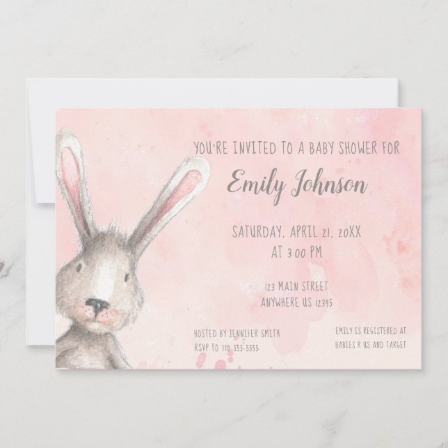 Watercolor Bunny Rabbit personalized baby shower Invitation (Front)