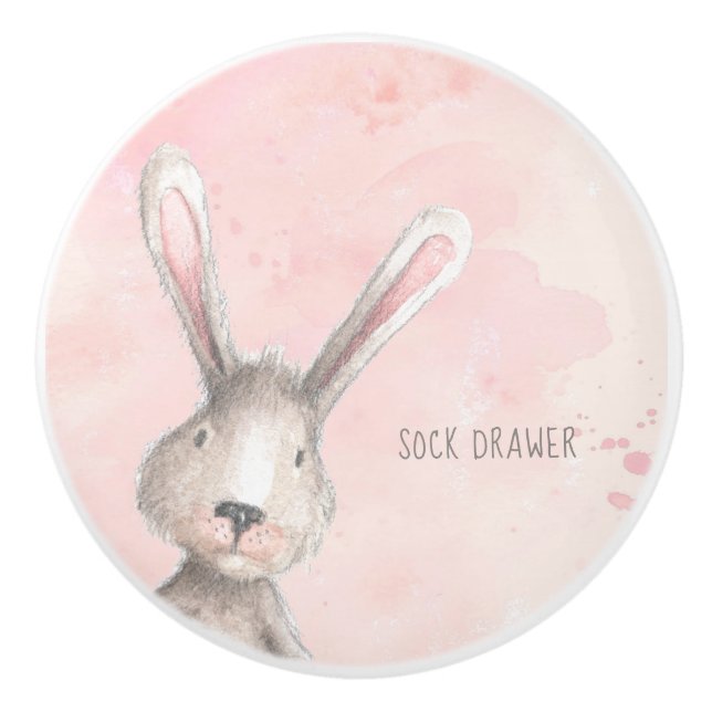 Watercolor Bunny Rabbit Sock Drawer custom Ceramic Knob (Front)