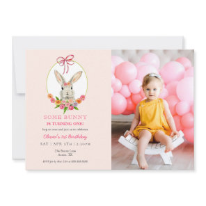 Watercolor Bunny rabbit with photo 1st birthday Invitation