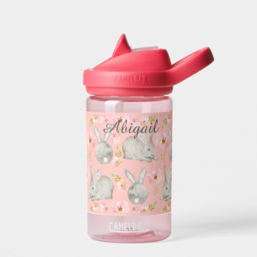 Watercolor Bunny Rabbits Add Name Soft Grey  Pink Water Bottle