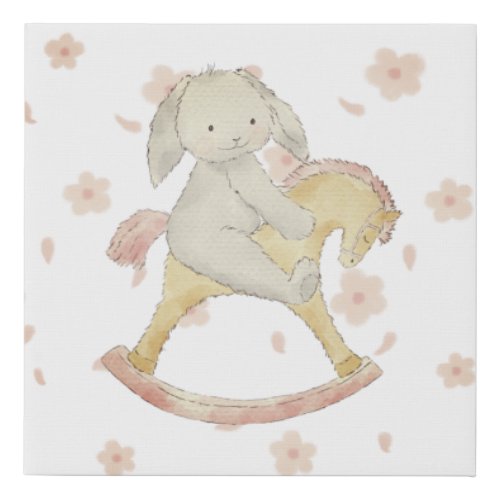 Watercolor Bunny Rocking Horse Faux Canvas