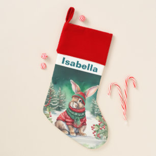 Watercolor bunny santa wild Xmas Holiday party Christmas Stocking
