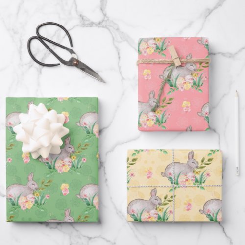 Watercolor Bunny Spring Floral Vintage Easter  Wrapping Paper Sheets