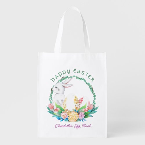 Watercolor Bunny Spring Flowers Wreath Egg Hunt Grocery Bag