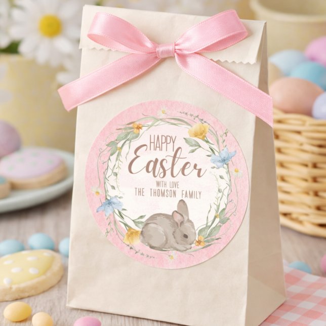 Watercolor Bunny Spring Wildflowers Happy Easter  Classic Round Sticker (Creator Uploaded)