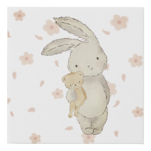 Watercolor Bunny  Teddy Bear Faux Streched Canvas