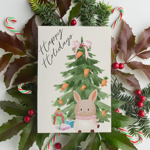 Watercolor Bunny Tree Pet Lover Christmas Flat Holiday Card