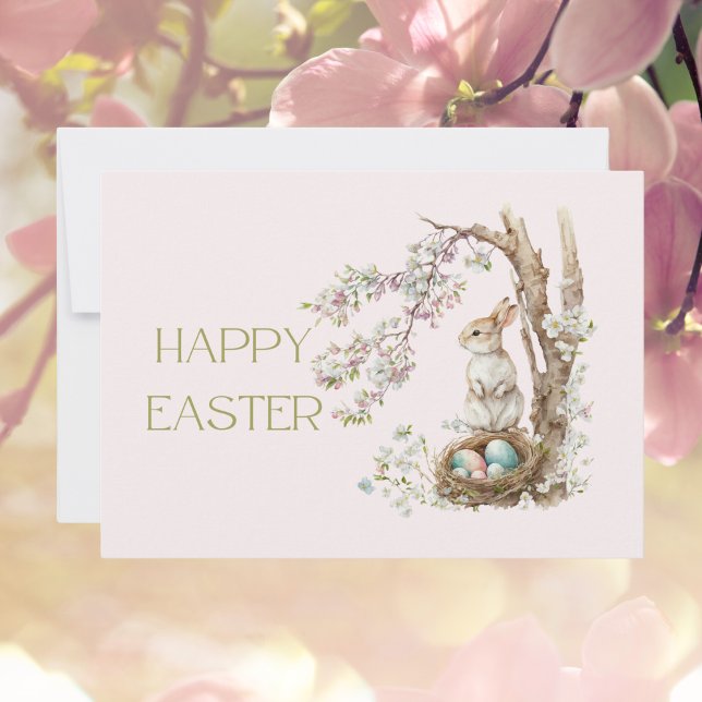Watercolor Bunny Under Magnolia Tree Happy Easter Note Card (Creator Uploaded)