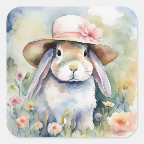 Watercolor Bunny Wearing a New Hat Square Sticker