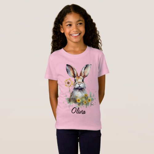 Watercolor Bunny with Dandelion Girls T_Shirt