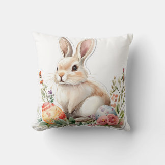 Watercolor Bunny with Floral and Easter Eggs Throw Pillow