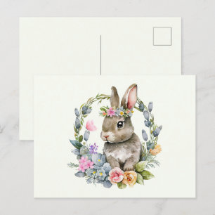 Watercolor Bunny with Floral Wreath  Postcard