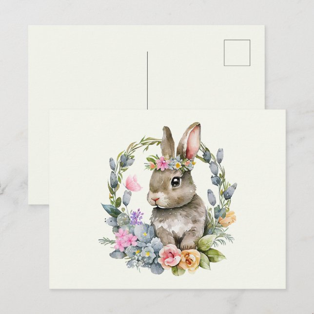 Watercolor Bunny with Floral Wreath  Postcard (Front/Back)