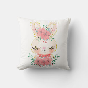 Watercolor Bunny with Florals Throw Pillow