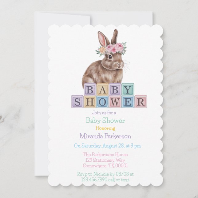 Watercolor Bunny With Flower Crown Baby Shower Invitation (Front)