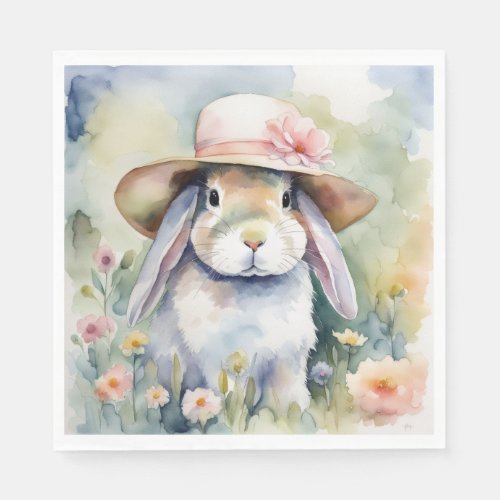 Watercolor Bunny With New Hat Napkins
