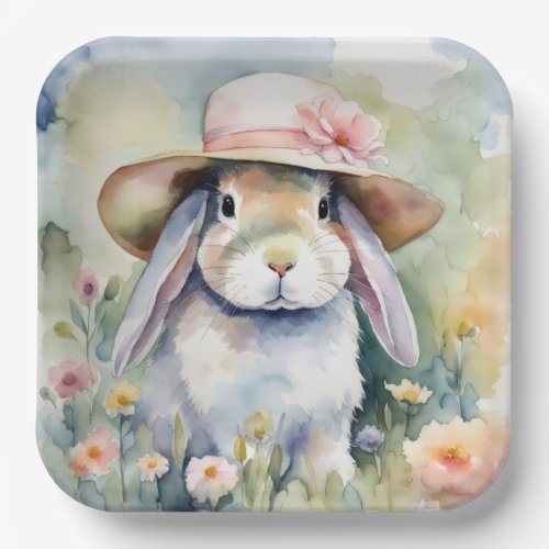 Watercolor Bunny With New Hat Paper Plates