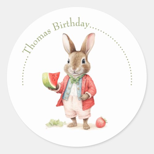 Watercolor Bunny with Watermelon Birthday Classic Round Sticker